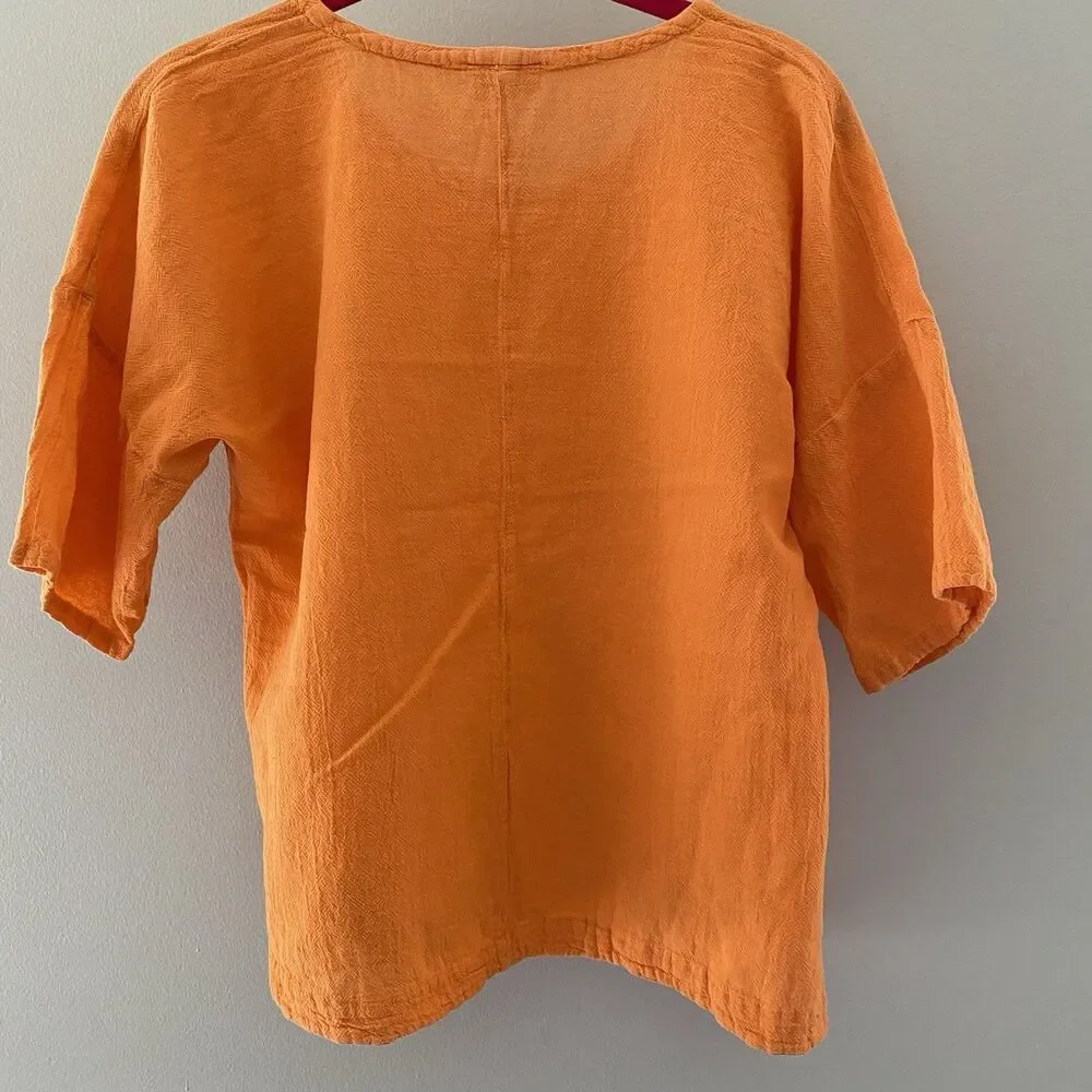 Oh My Gauze! Scallop Cotton Gauze Blouse Lagenlook Short Sleeve Size 1 - Picture 6 of 11